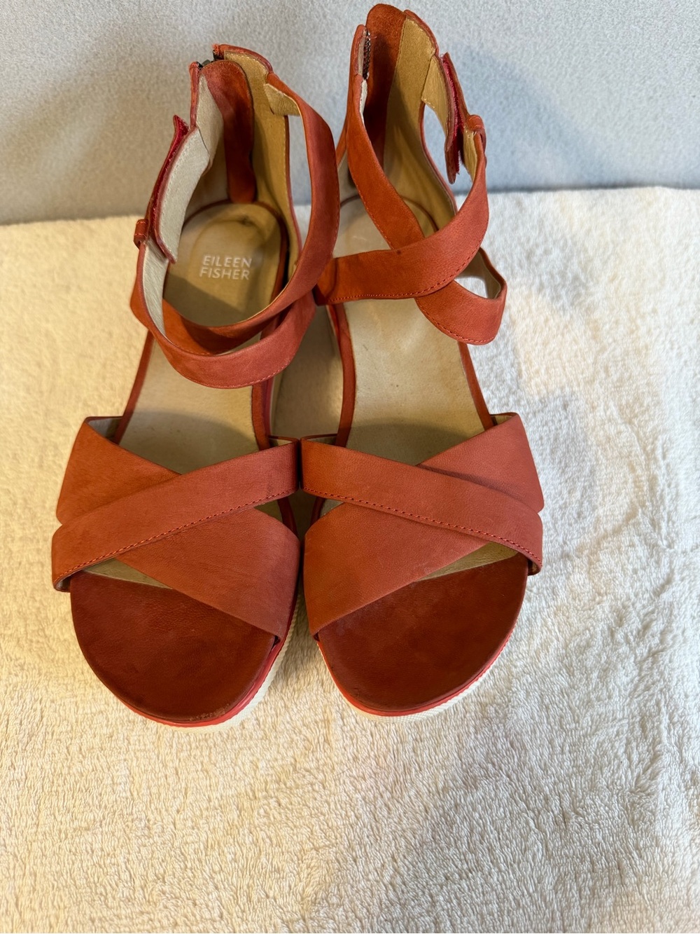 Eileen Fisher SALLY Wedge Sandals Back-Zip Leather Sz 8 Women Orange/White - Picture 9 of 9